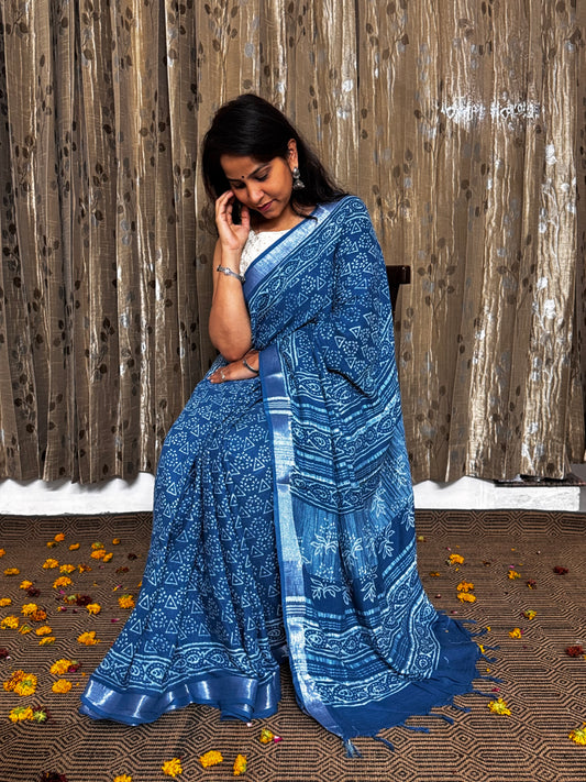 Blue Linen Cotton Zari Saree