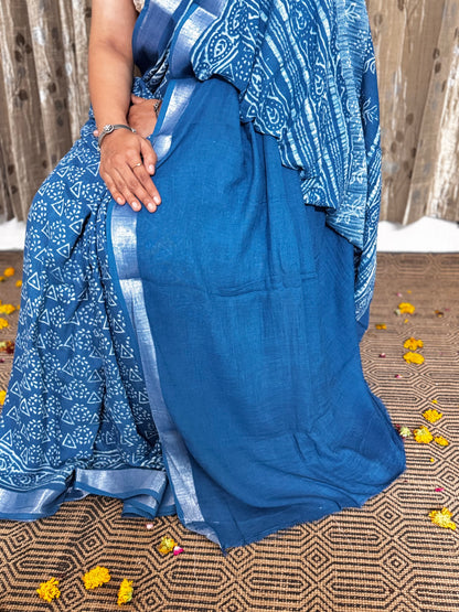 Blue Linen Cotton Zari Saree