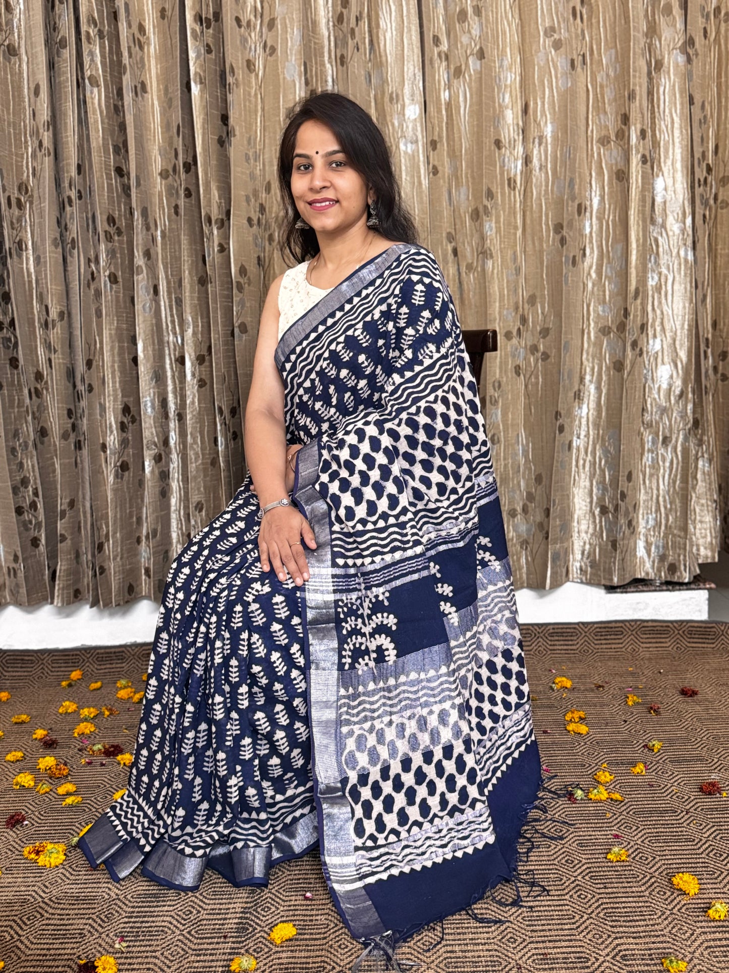 Navy Blue Linen Cotton Zari Saree