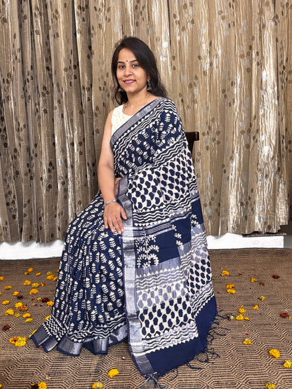 Navy Blue Linen Cotton Zari Saree