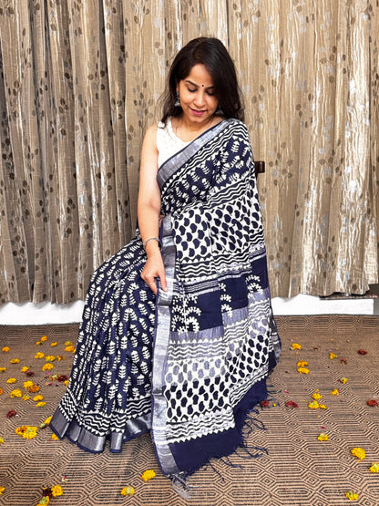 Navy Blue Linen Cotton Zari Saree