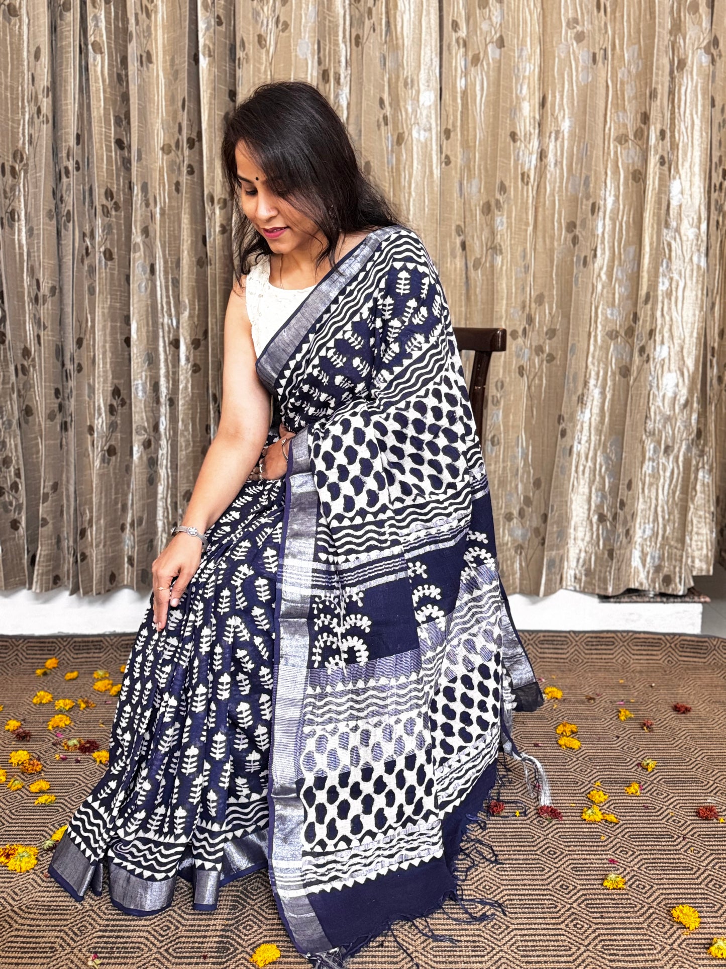 Navy Blue Linen Cotton Zari Saree