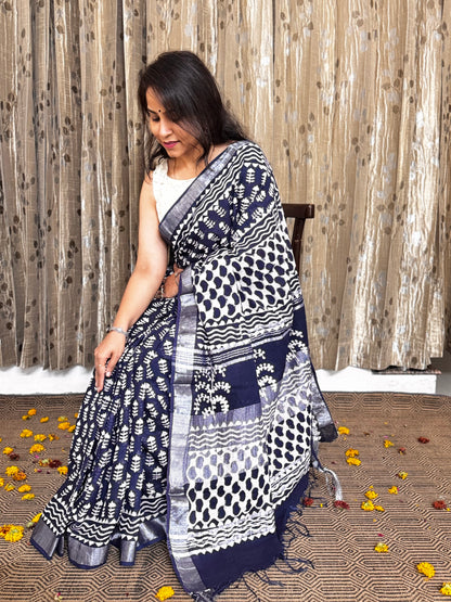 Navy Blue Linen Cotton Zari Saree