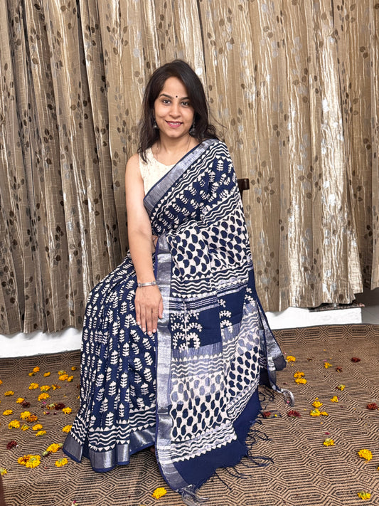 Navy Blue Linen Cotton Zari Saree