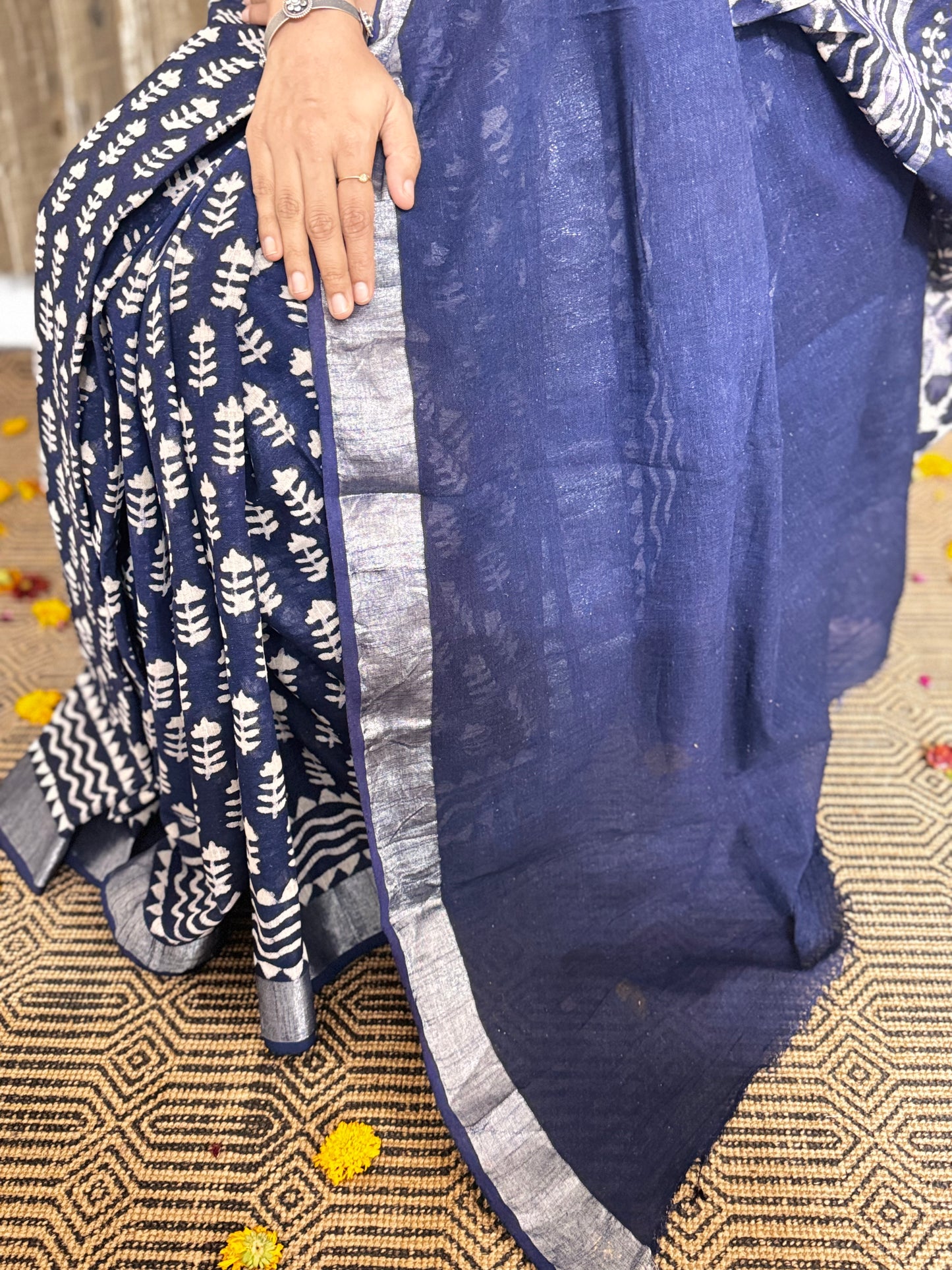 Navy Blue Linen Cotton Zari Saree