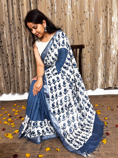 Indigo Linen Cotton Zari Saree