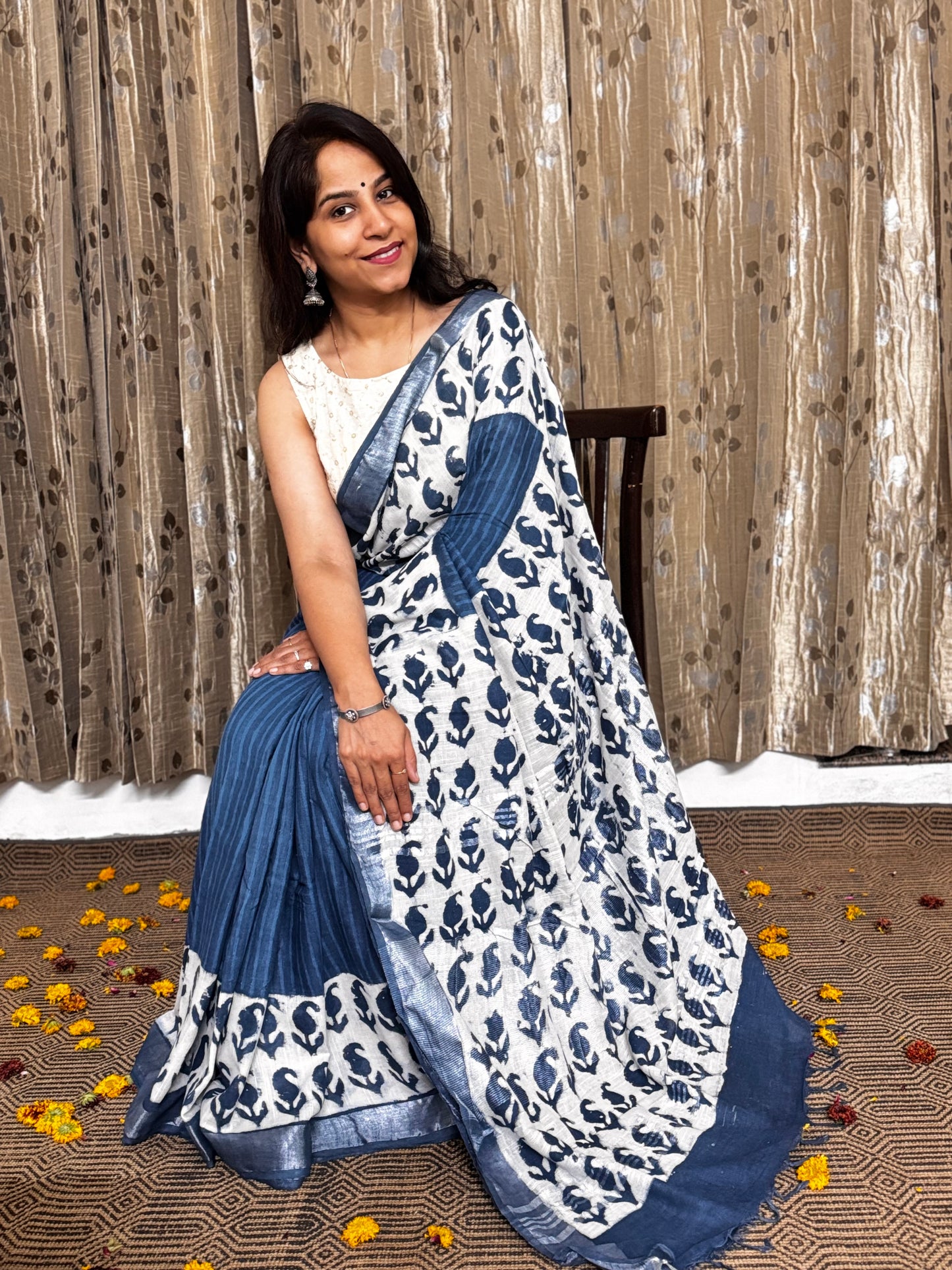 Indigo Linen Cotton Zari Saree