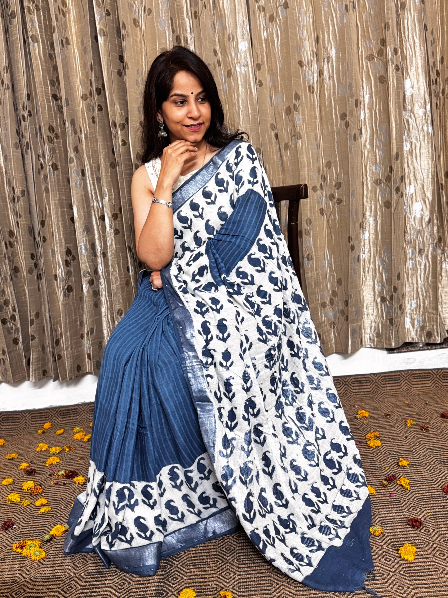 Indigo Linen Cotton Zari Saree