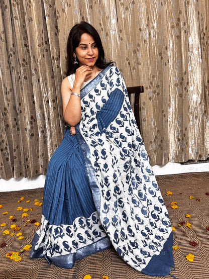 Indigo Linen Cotton Zari Saree