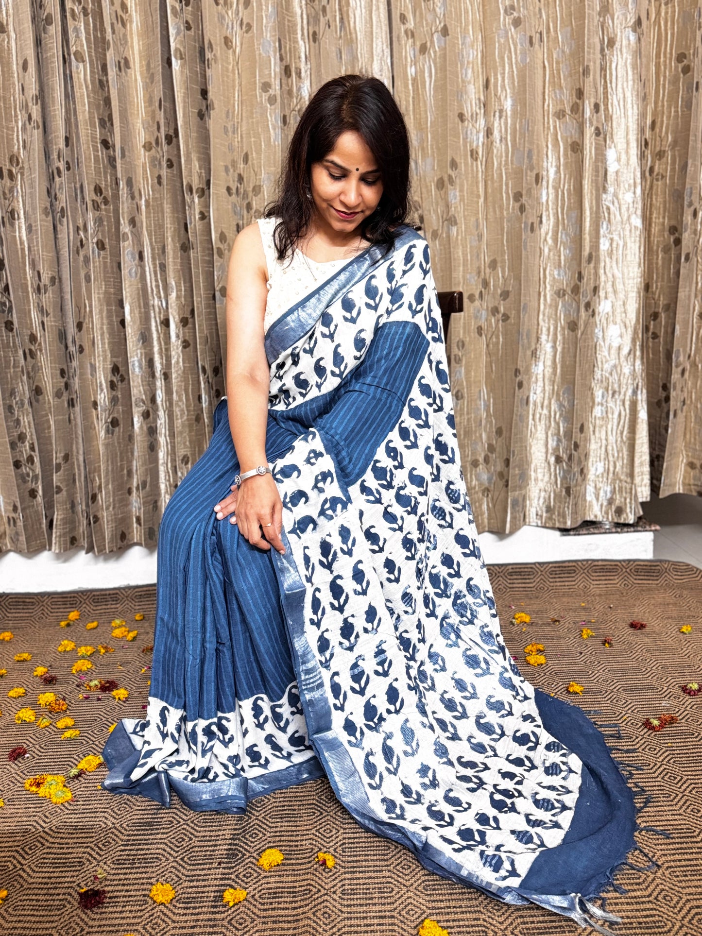 Indigo Linen Cotton Zari Saree