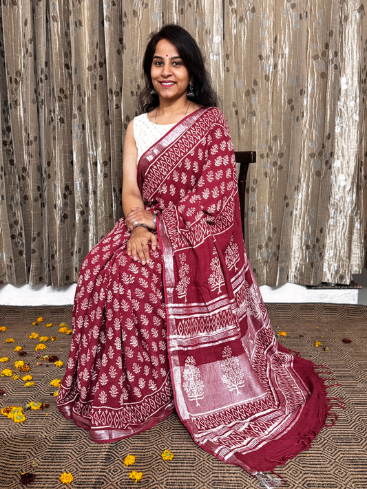 Maroon Linen Cotton Zari Saree