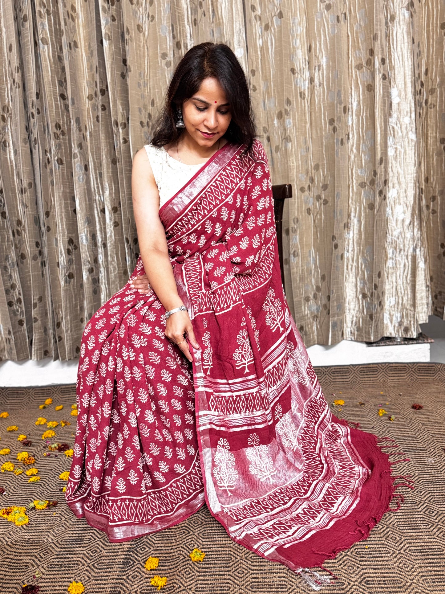 Maroon Linen Cotton Zari Saree
