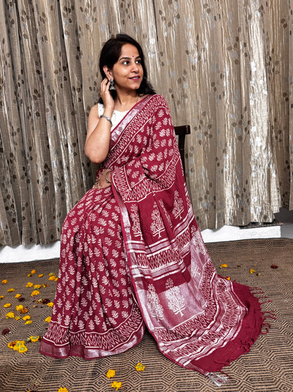 Maroon Linen Cotton Zari Saree