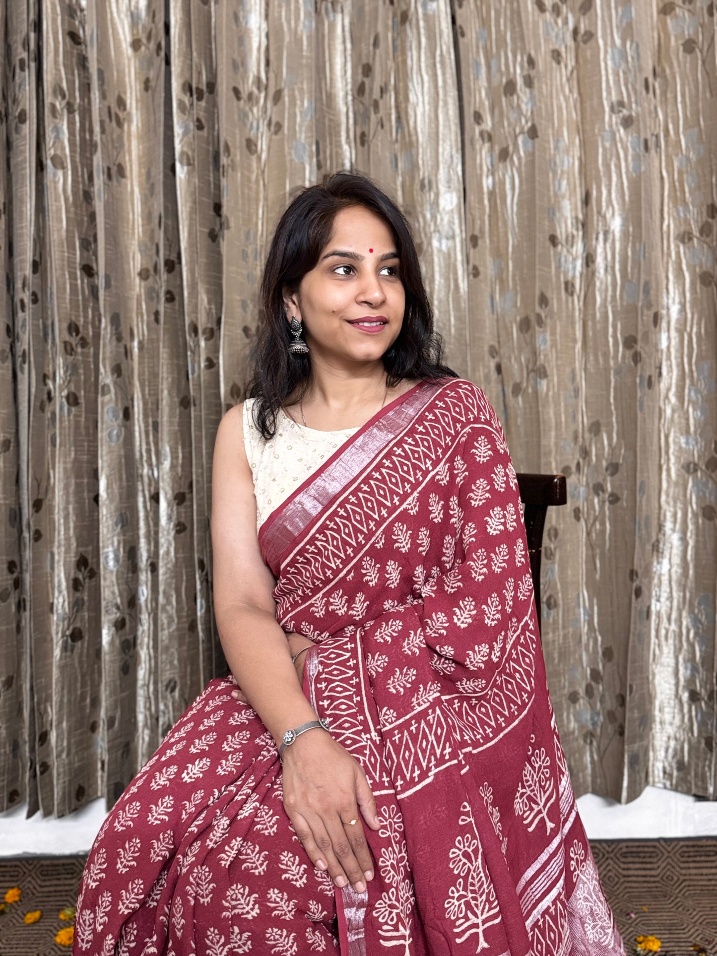 Maroon Linen Cotton Zari Saree
