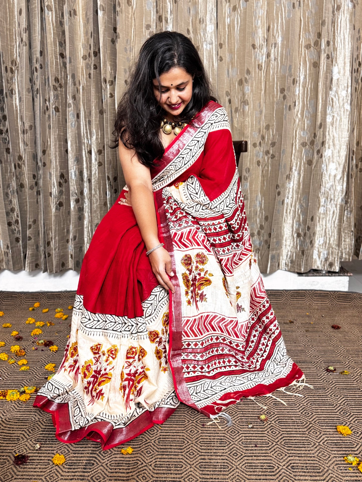 Mridula Red and Beige Linen Cotton Zari Saree