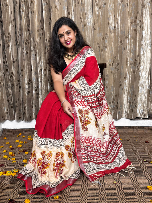 Mridula Red and Beige Linen Cotton Zari Saree