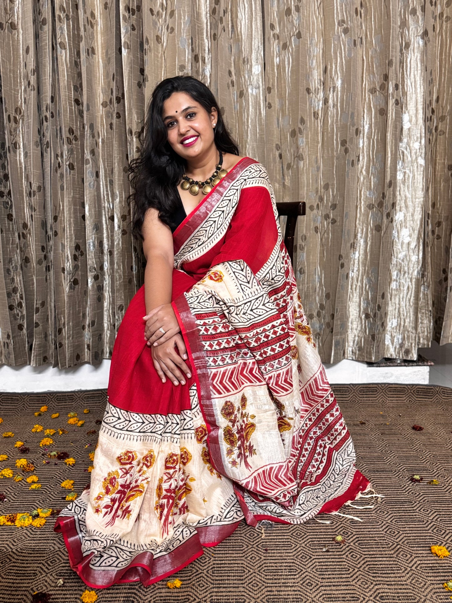 Mridula Red and Beige Linen Cotton Zari Saree