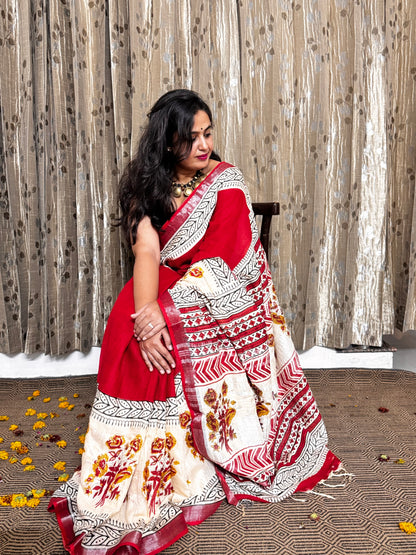 Mridula Red and Beige Linen Cotton Zari Saree