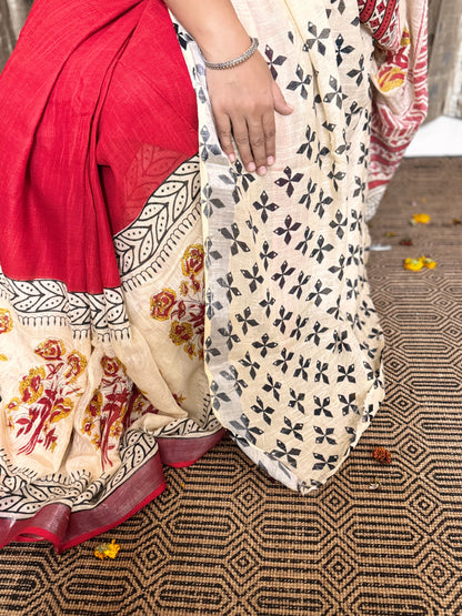 Mridula Red and Beige Linen Cotton Zari Saree