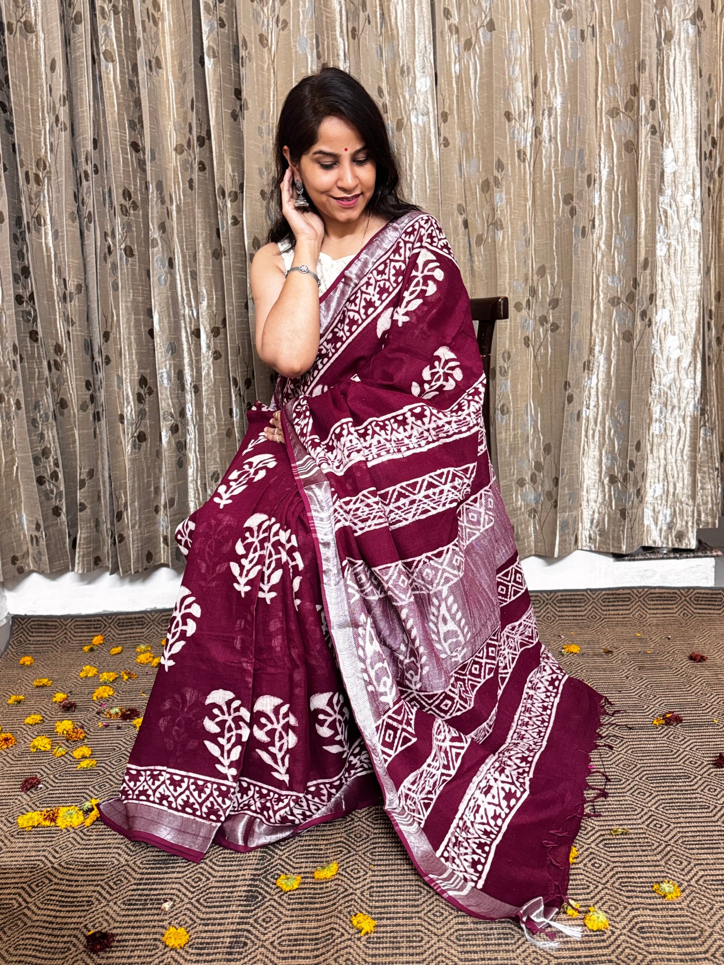 Dark Maroon Linen Cotton Zari Saree