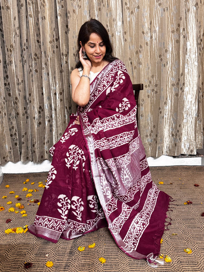 Dark Maroon Linen Cotton Zari Saree