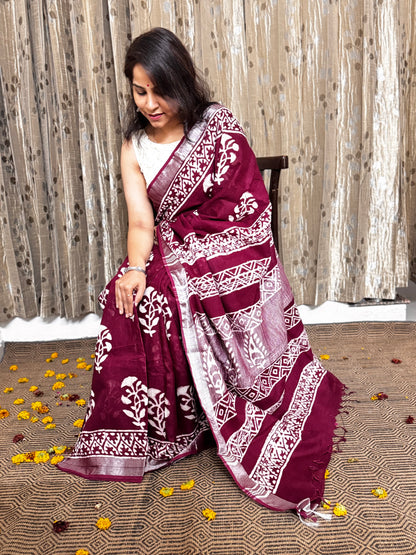 Dark Maroon Linen Cotton Zari Saree
