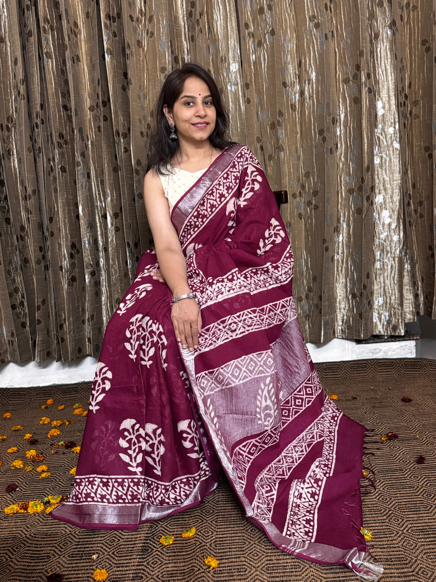 Dark Maroon Linen Cotton Zari Saree