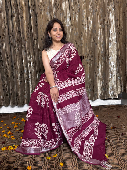 Dark Maroon Linen Cotton Zari Saree