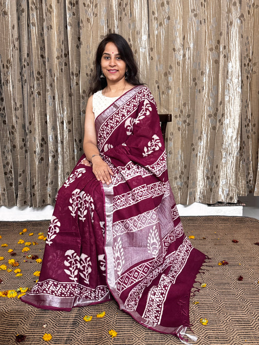 Dark Maroon Linen Cotton Zari Saree