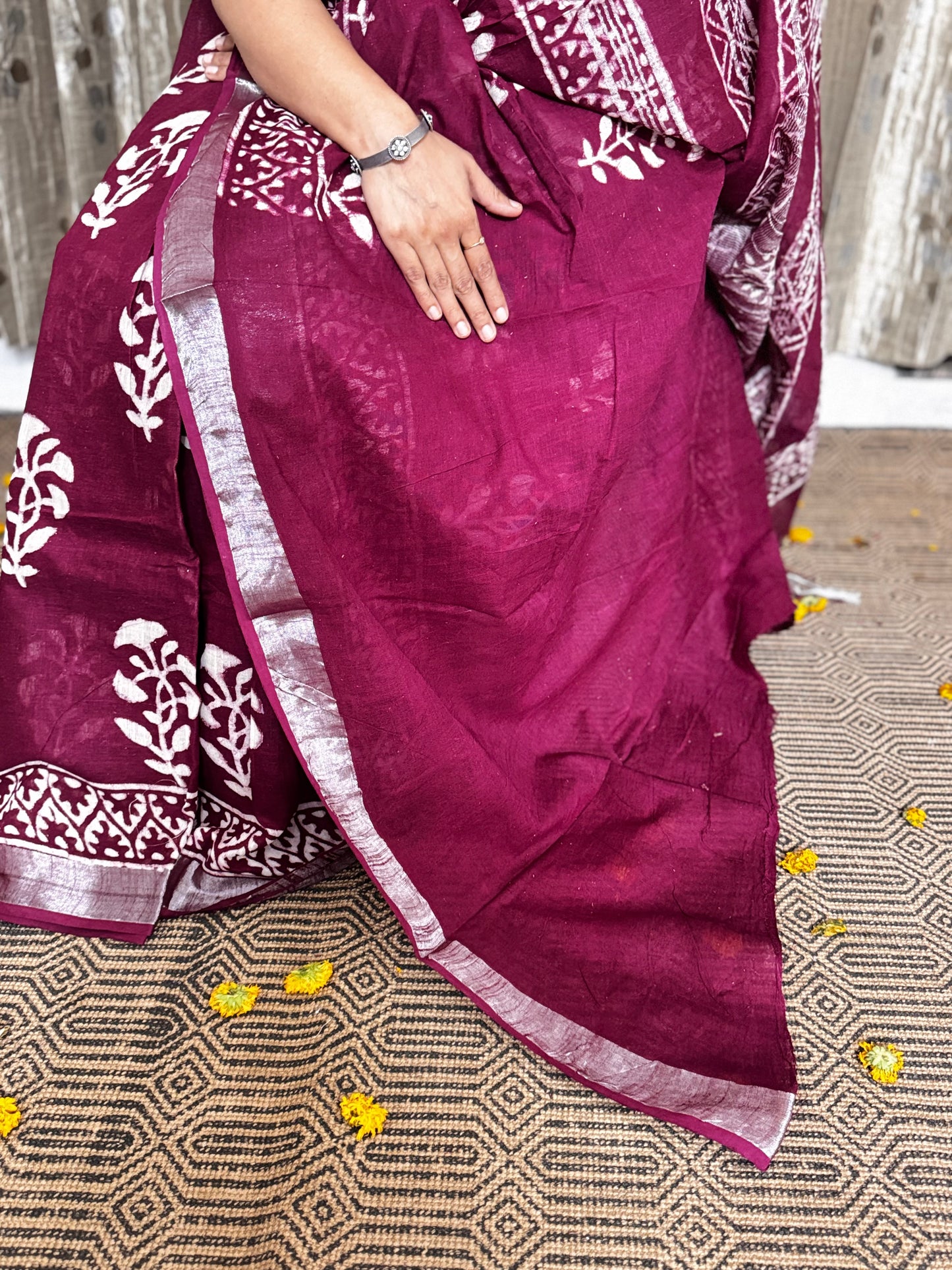 Dark Maroon Linen Cotton Zari Saree