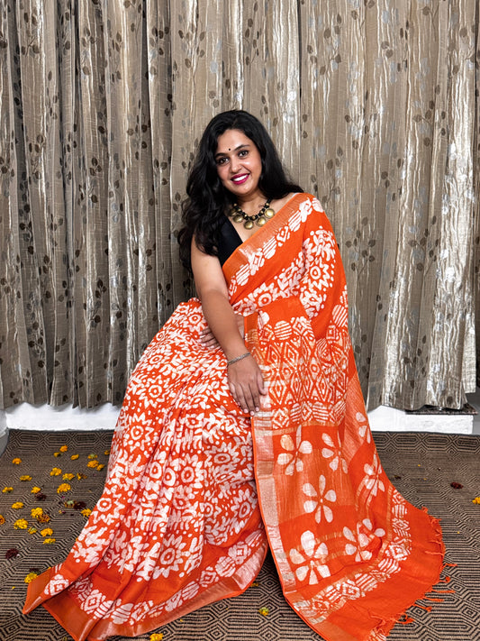 Orange Linen Cotton Zari Saree