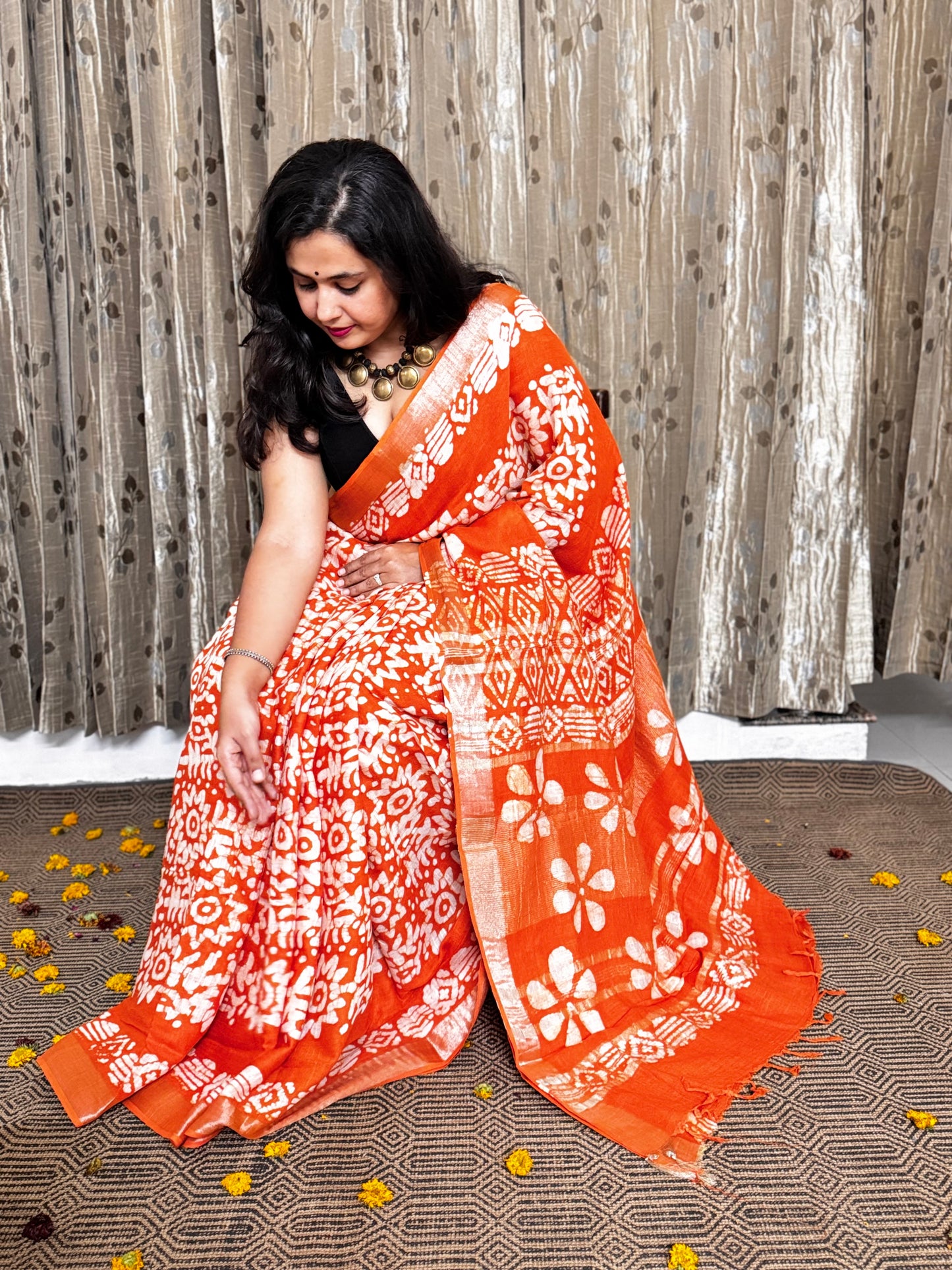 Orange Linen Cotton Zari Saree