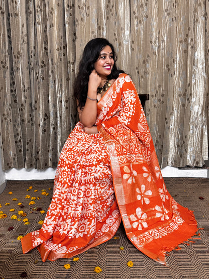 Orange Linen Cotton Zari Saree