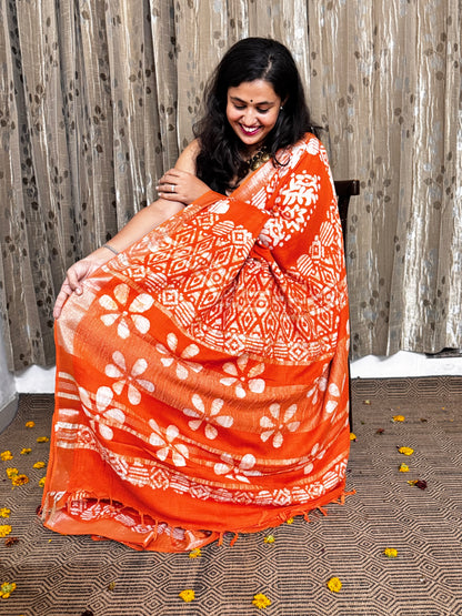 Orange Linen Cotton Zari Saree