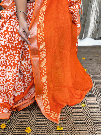 Orange Linen Cotton Zari Saree