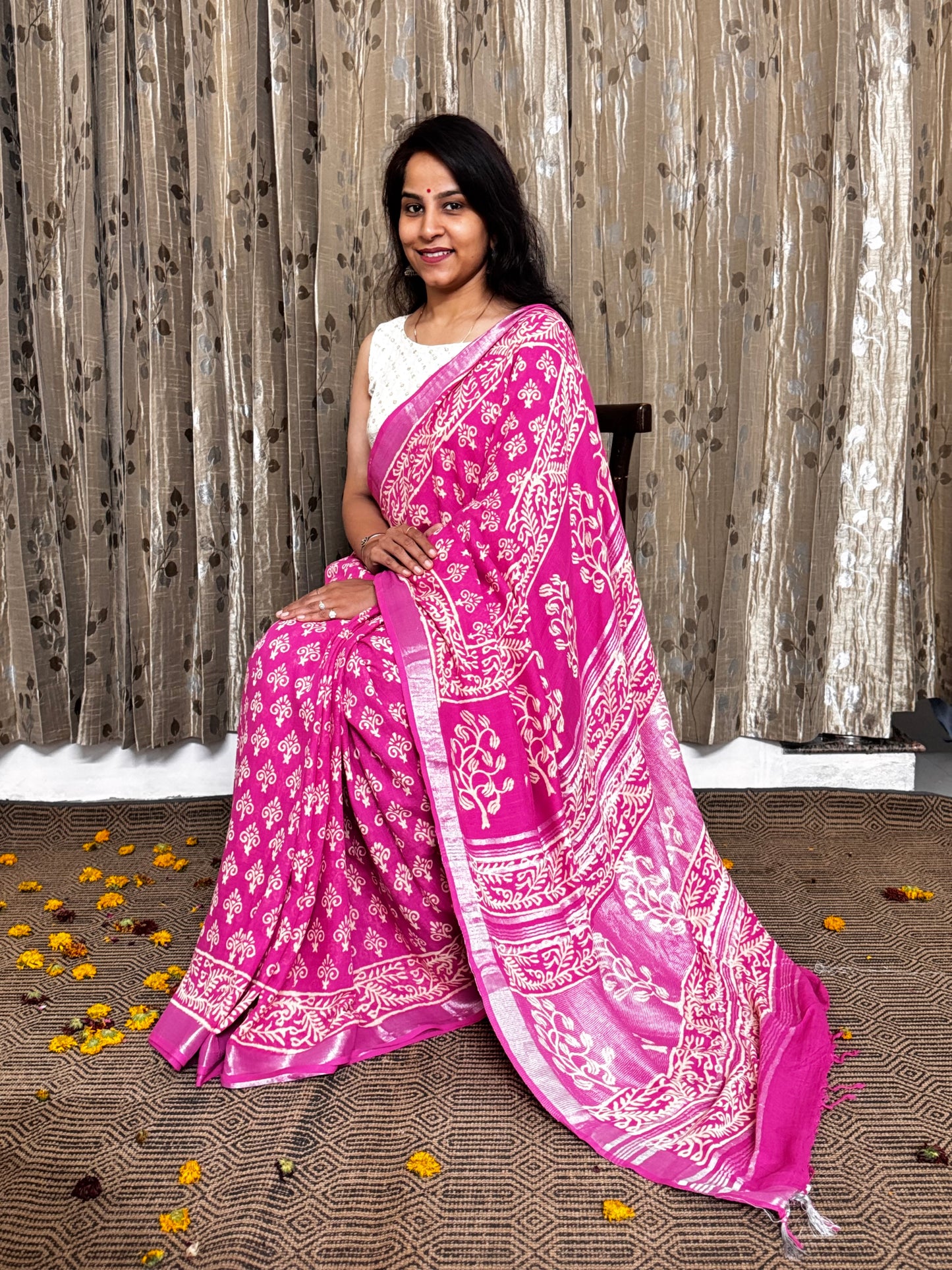 Pink Linen Cotton Zari Saree