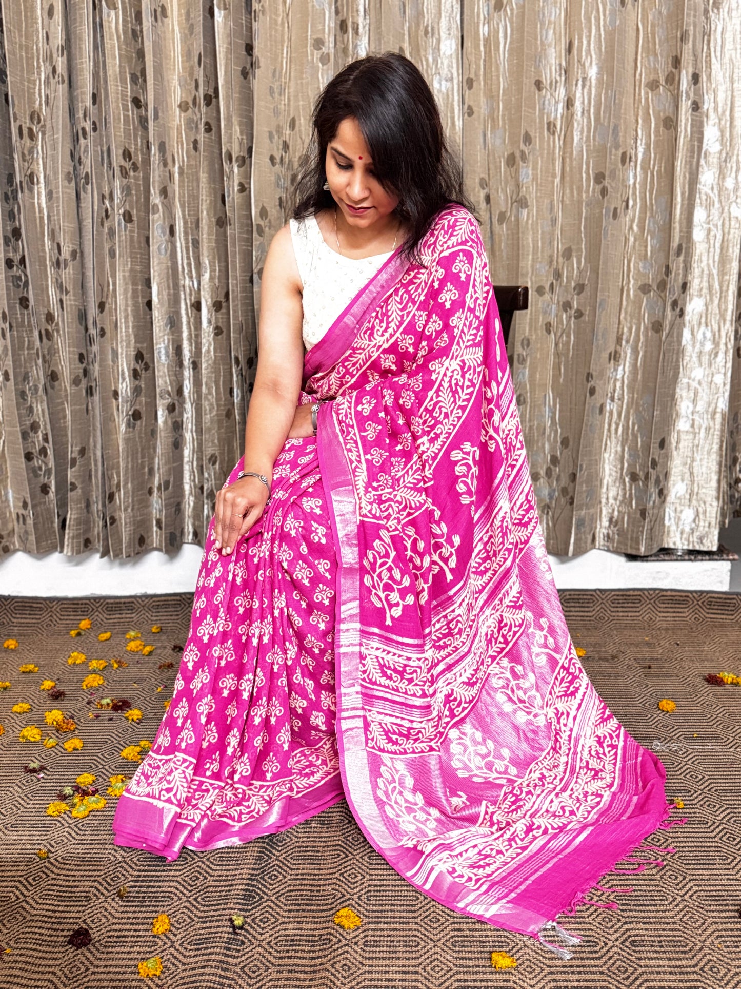 Pink Linen Cotton Zari Saree