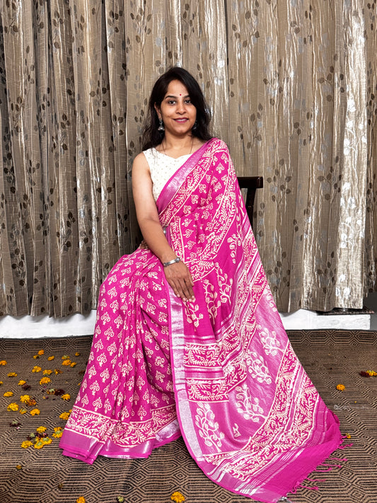 Pink Linen Cotton Zari Saree