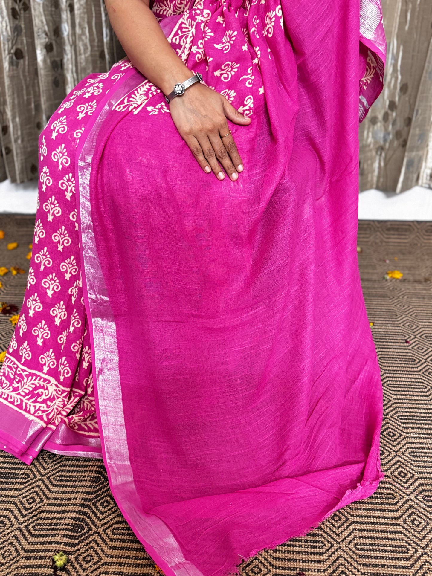 Pink Linen Cotton Zari Saree