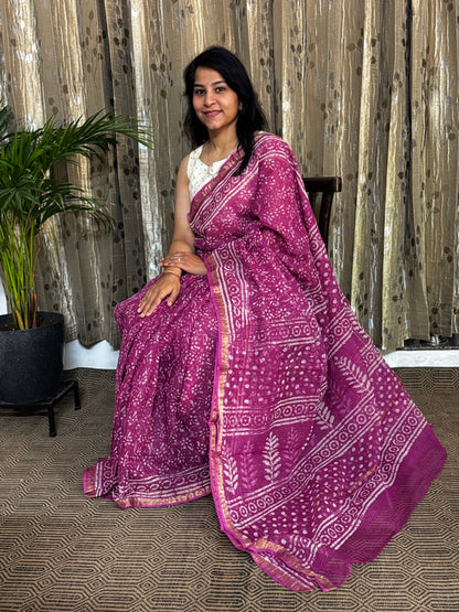 Pink Block Printed Kota Doria saree