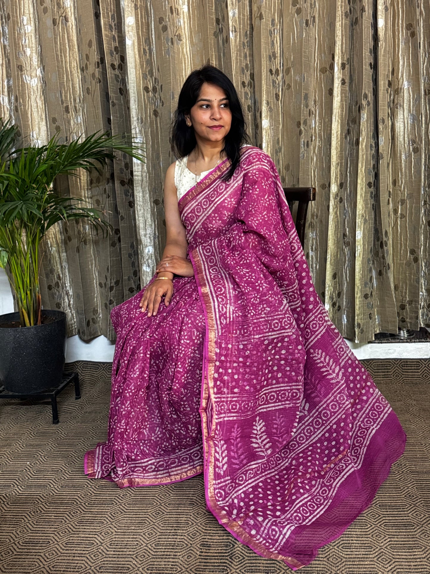 Pink Block Printed Kota Doria saree