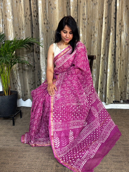 Pink Block Printed Kota Doria saree