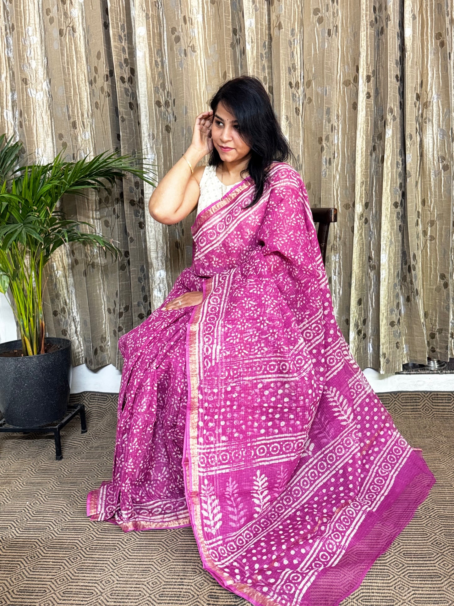 Pink Block Printed Kota Doria saree
