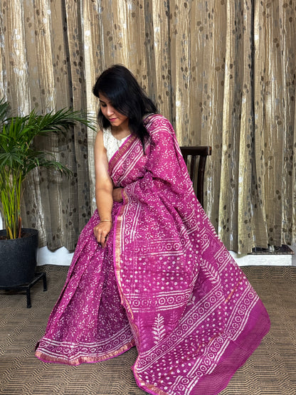 Pink Block Printed Kota Doria saree