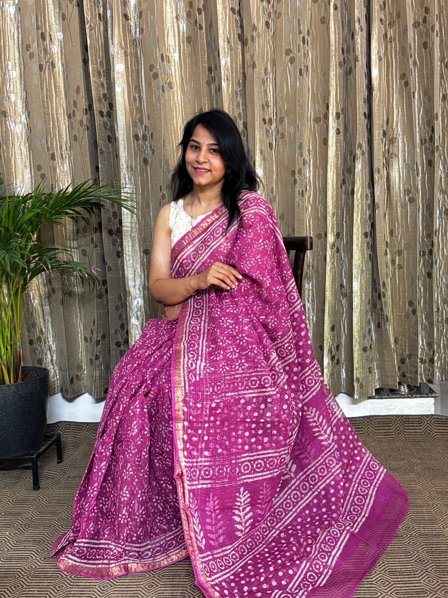 Pink Block Printed Kota Doria saree