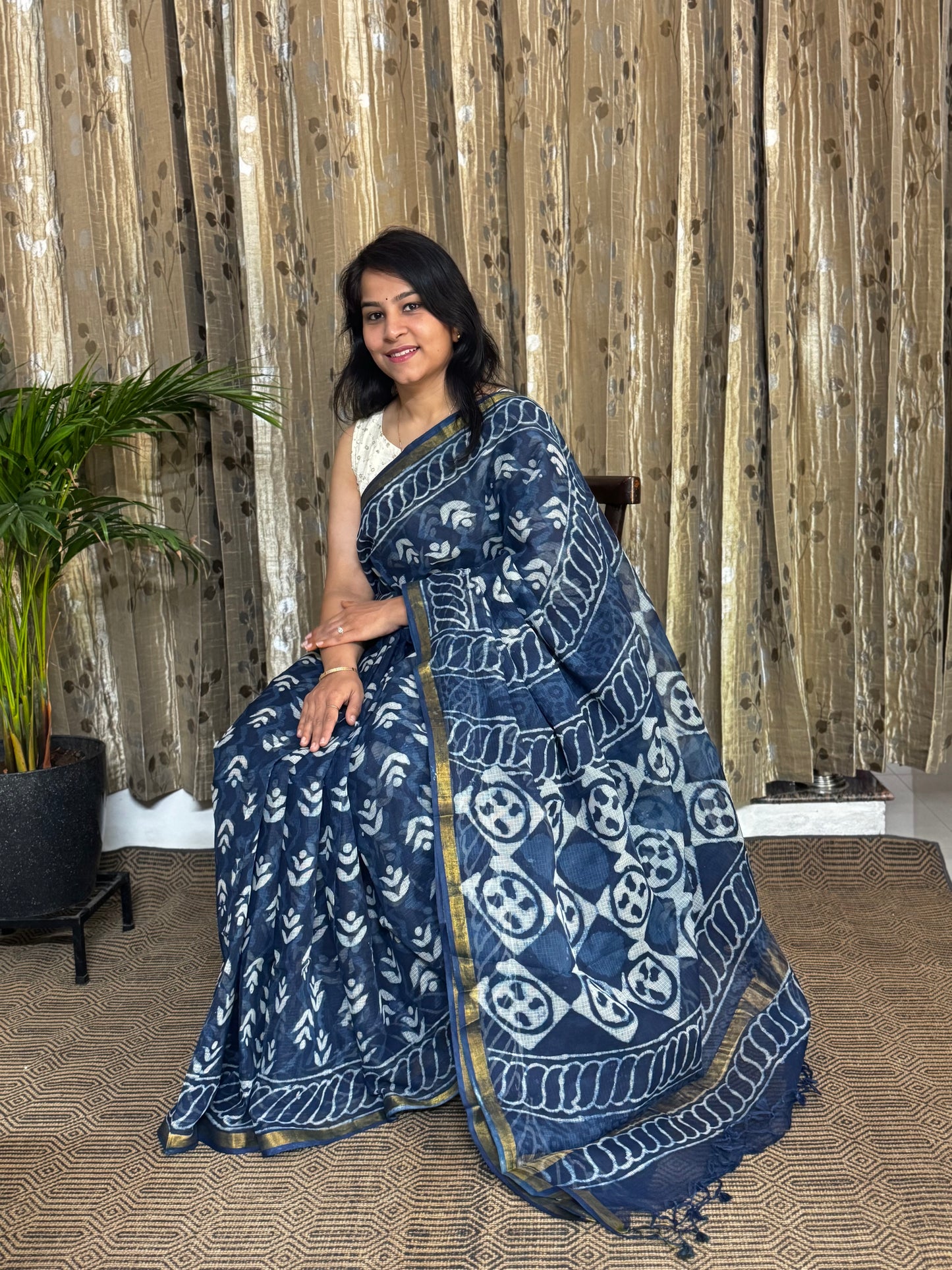 Indigo Block Printed Kota Doria saree