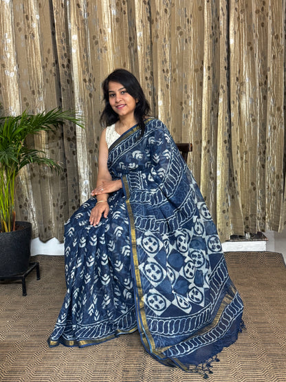 Indigo Block Printed Kota Doria saree
