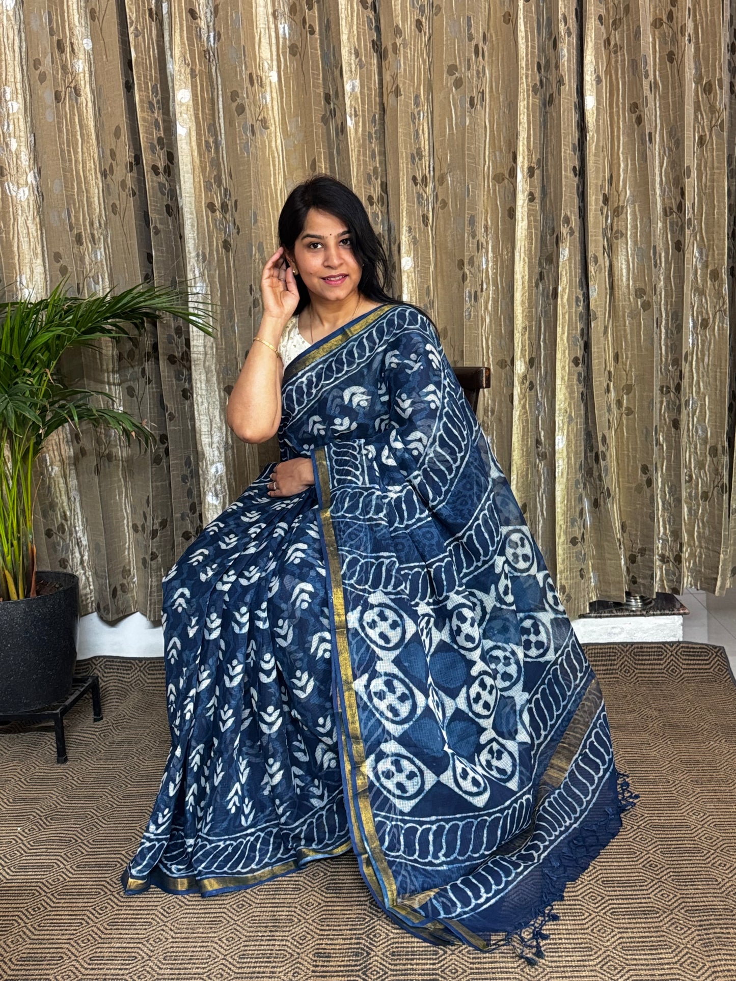 Indigo Block Printed Kota Doria saree