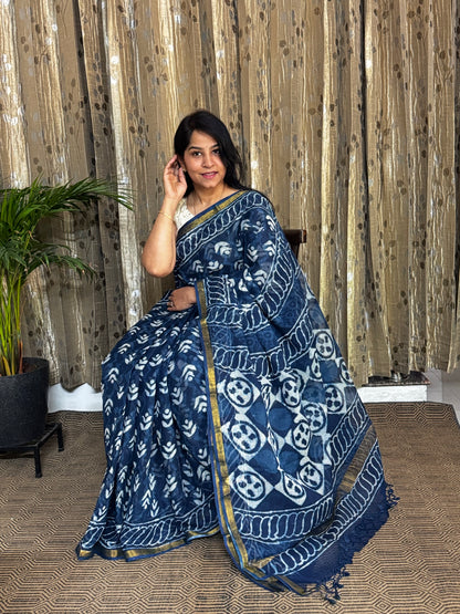 Indigo Block Printed Kota Doria saree