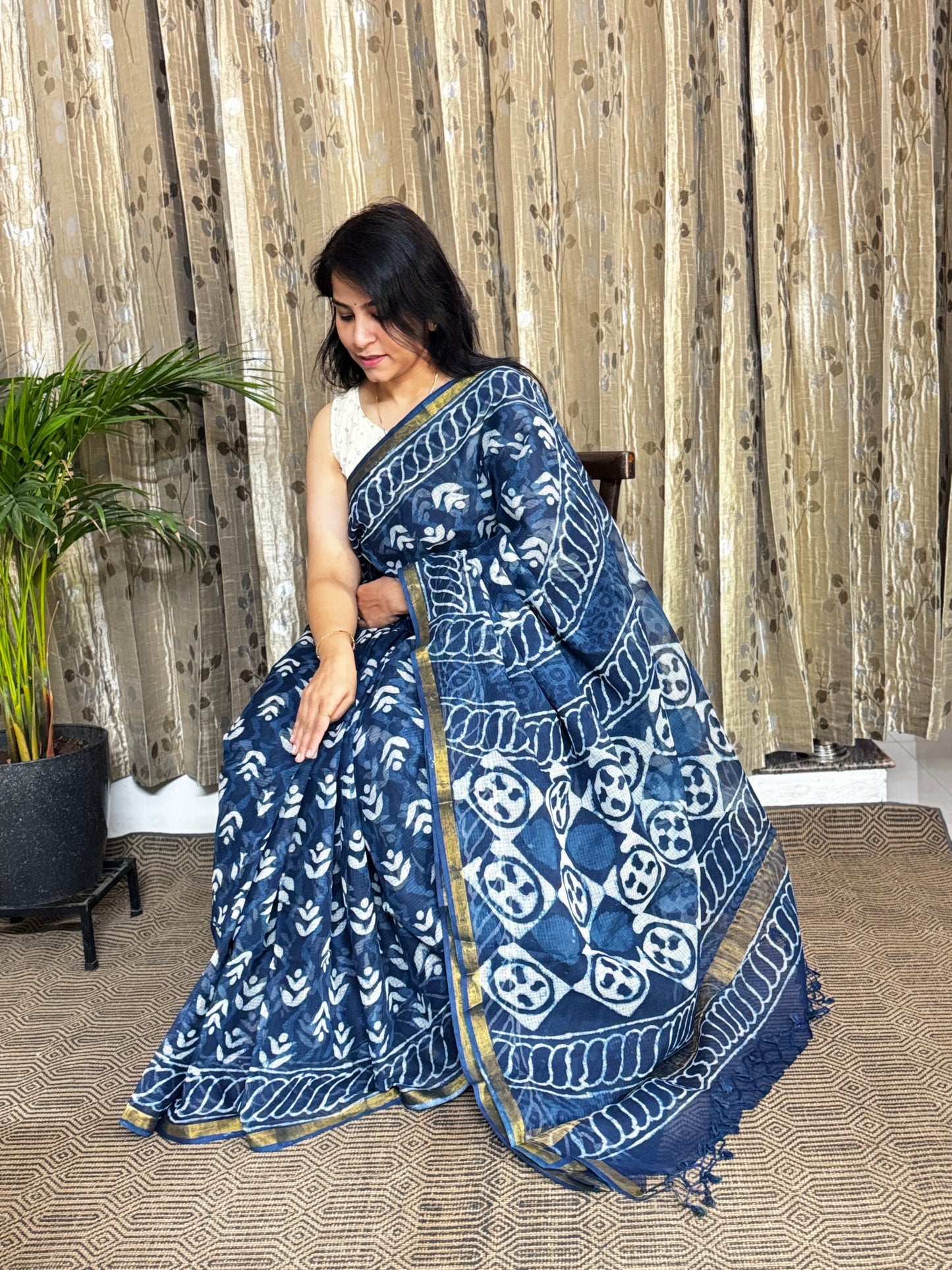 Indigo Block Printed Kota Doria saree